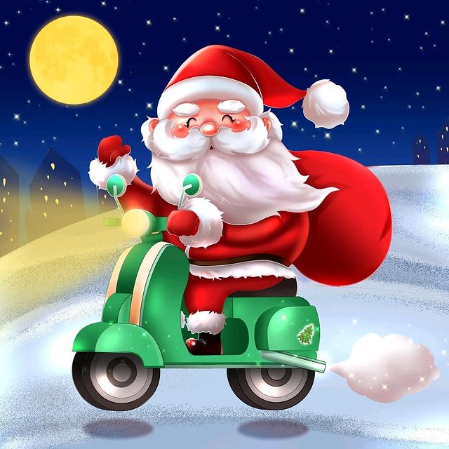 Santa is riding a motorcycle