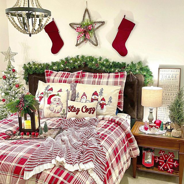 Christmas bed with Christmas stockings