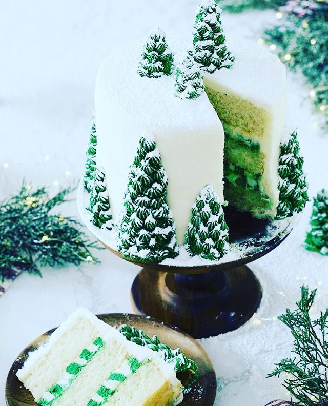 Christmas cake decorated with Christmas trees