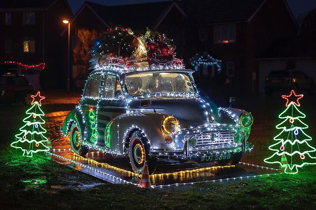 Christmas car with decorated lights