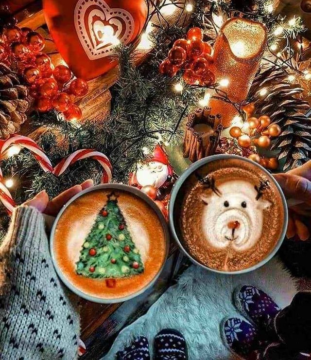 Christmas coffees with Christmas tree and deer