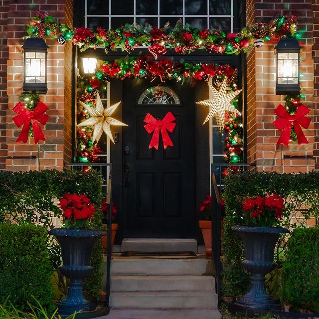 Christmas door with ribbon and stars