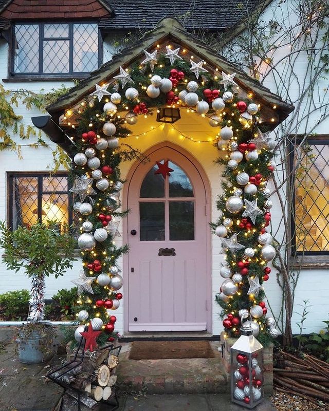 Christmas door decorated with balls