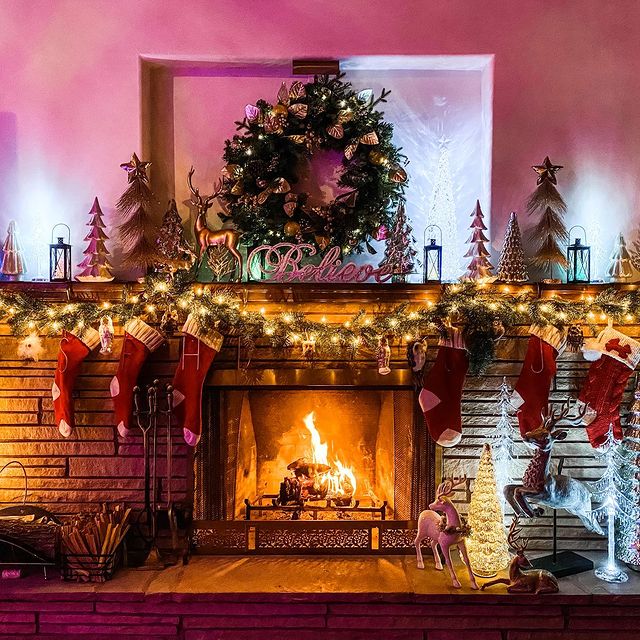 Christmas fireplace with a wreath