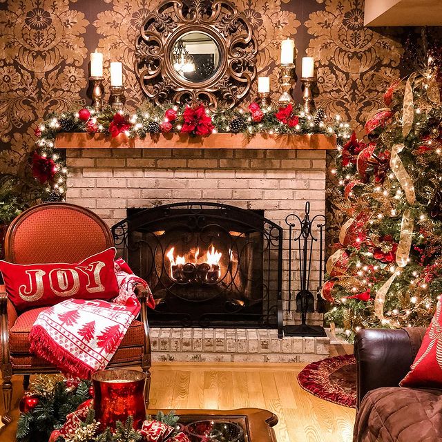 Decorated room with Christmas fireplace
