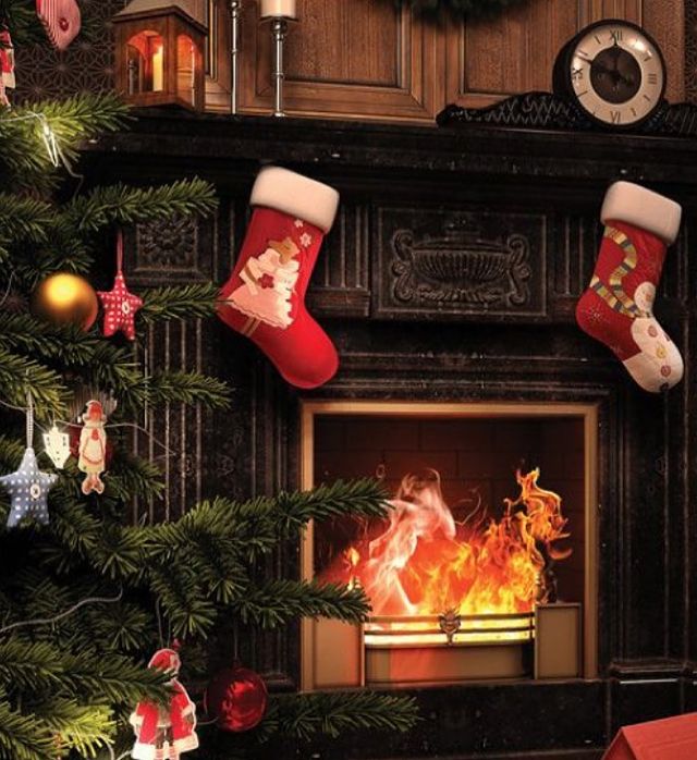 Fireplace with red Christmas stockings
