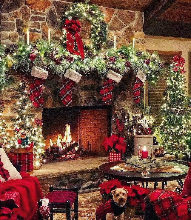 Fireplace decorated with Christmas trees
