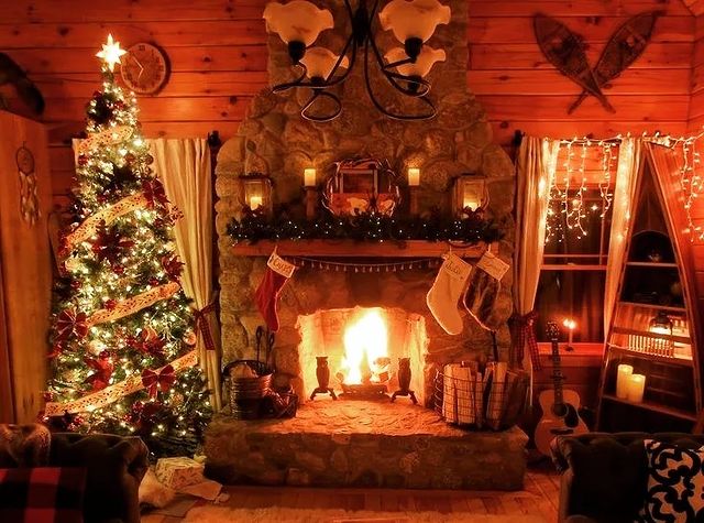 Fireplace and lighted Christmas tree