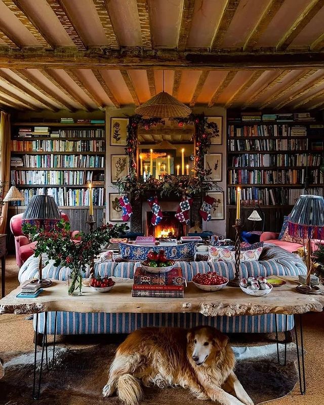 Christmas interior of a room with a library