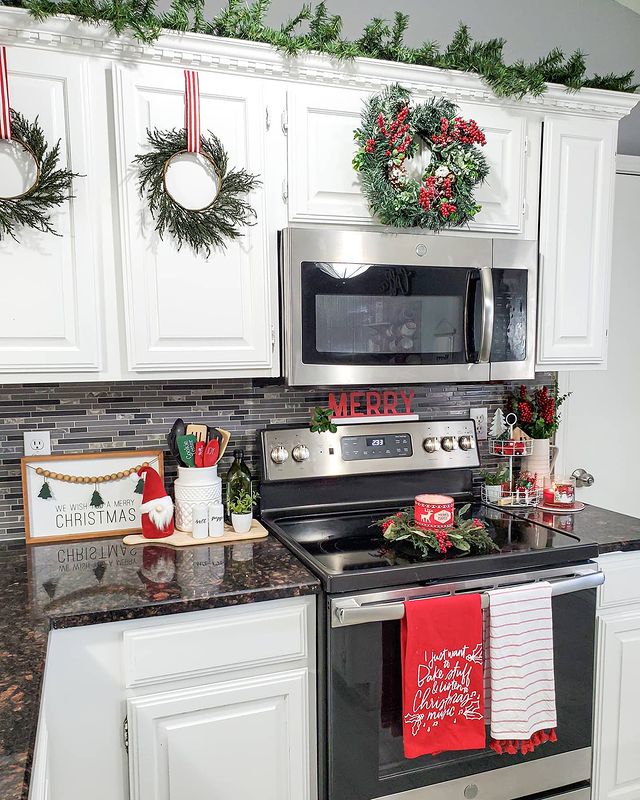 Kitchen with Christmas wreaths