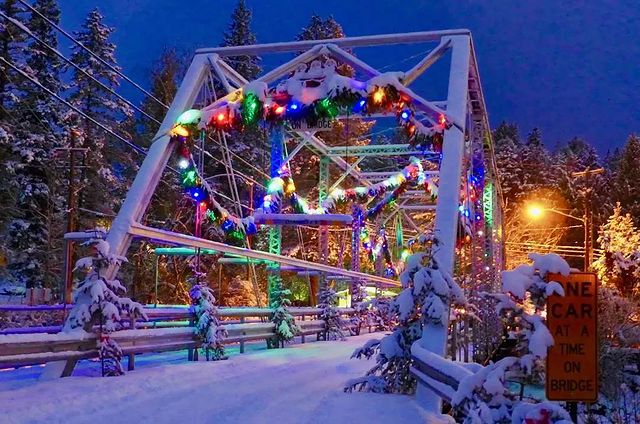 Christmas lights on a bridge