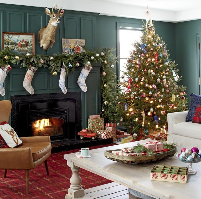 Room with fireplace and Christmas tree