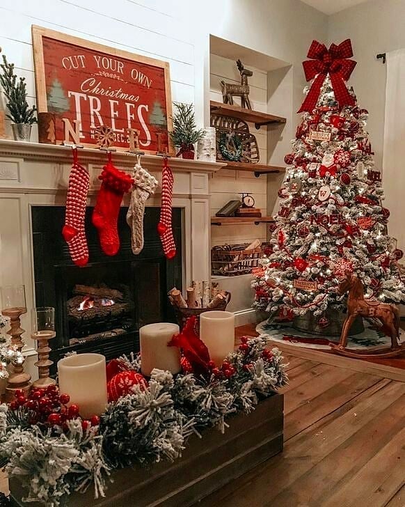 Christmas room in red and white